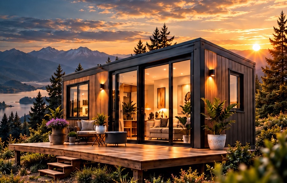 Tiny House de madera y vidrio al atardecer en la montaña